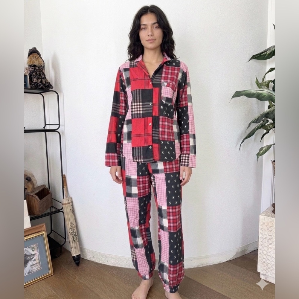 Victoria's Secret Plaid Patchwork Pajama Set S Top Joggers Bottoms Flannel